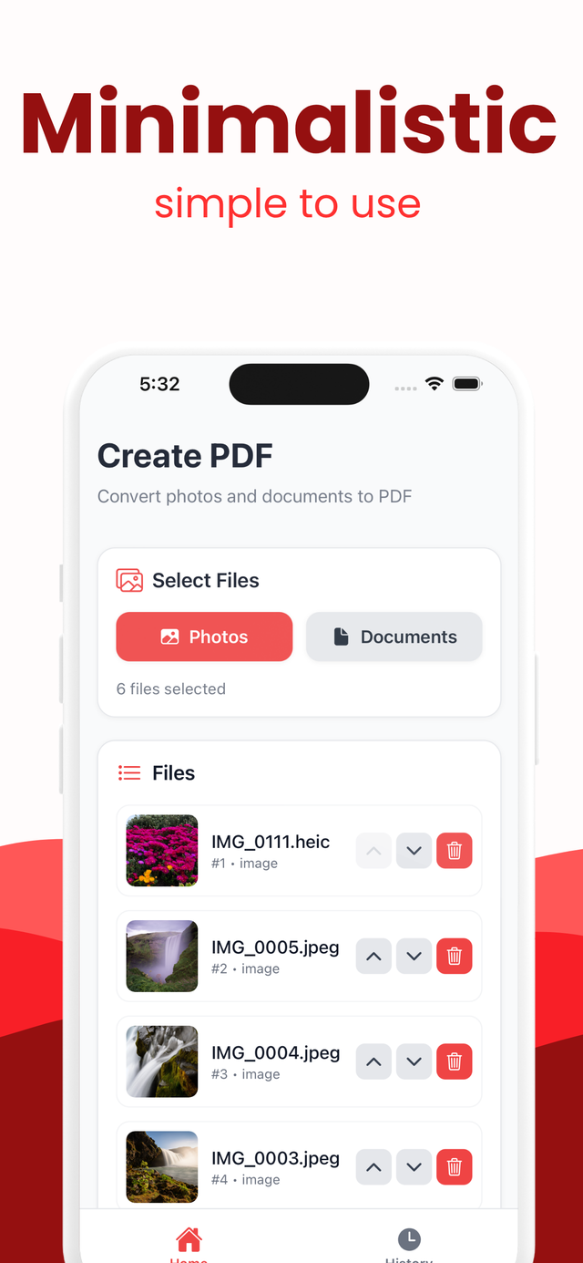 Photo to PDF Converter app showing photos and documents selected and ordered, ready to convert to PDF