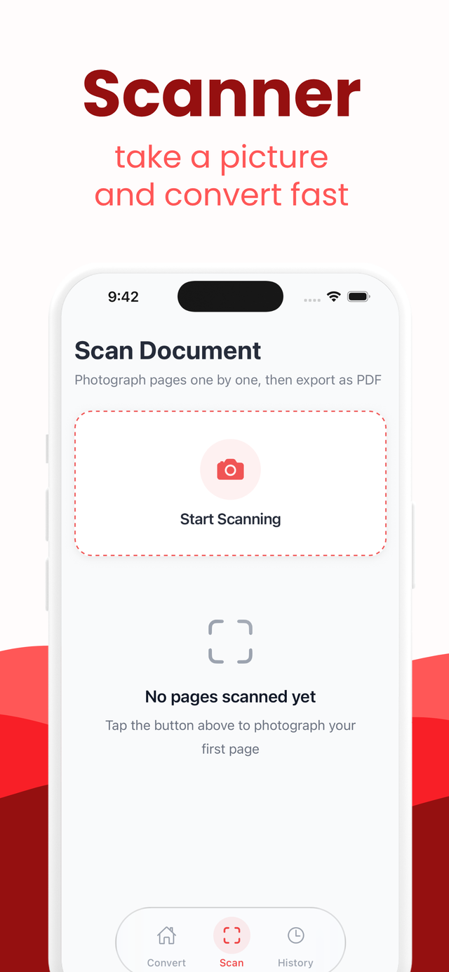 Built-in document scanner photographing pages one by one to export as PDF