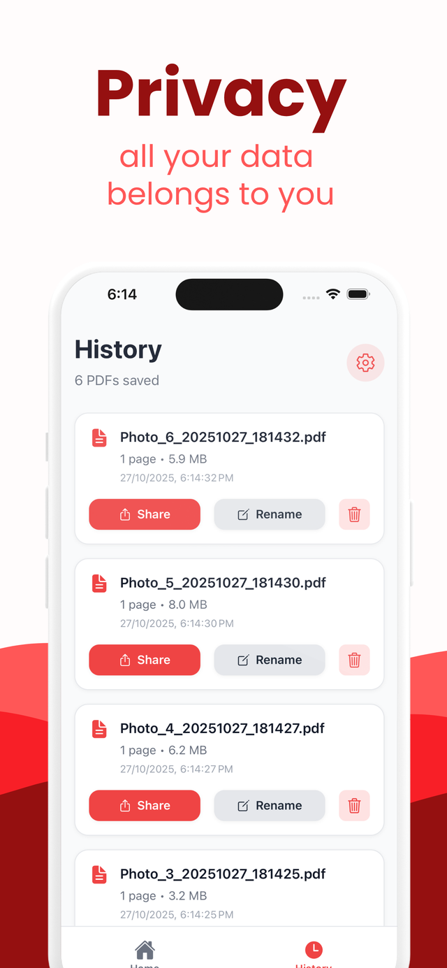 History screen listing saved PDFs with share and rename options, all stored privately on device